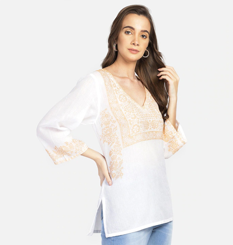 White & Orange Embroidered Tunic